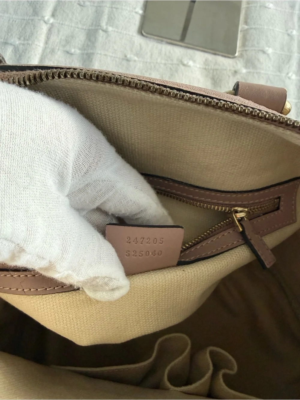 Gucci Beige GG Canvas Satchel with Pink Trim and Blue-Green Stripe